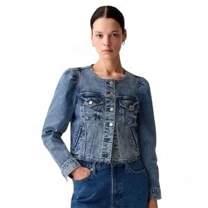GAP Women’s Collarless Frayed Icon Cropped Denim Jean Jacket Size Medium